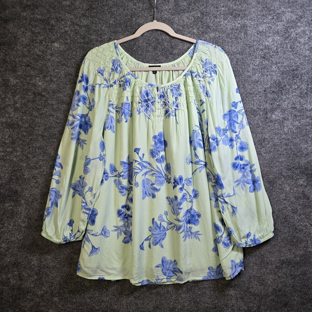 Talbots Top Womens XL Green Blue Tropical Garden Floral Tunic Puff Sleeve Boho
